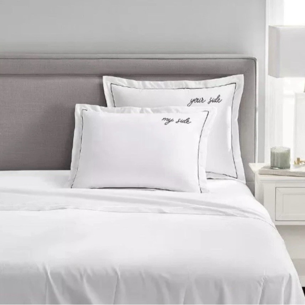 2 Damask Standard Cotton Embroidered Your Side/My Side White Shams Pillow Cases